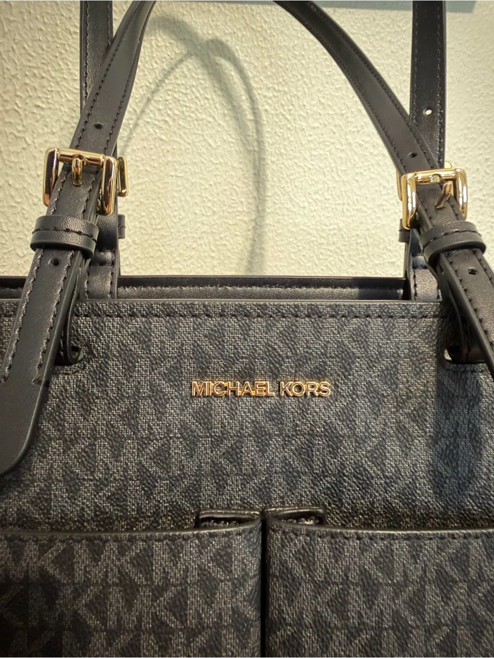 Michael Kors Jet Set Travel Bag MK Logo Double Pocket Tote with Gold Hardware